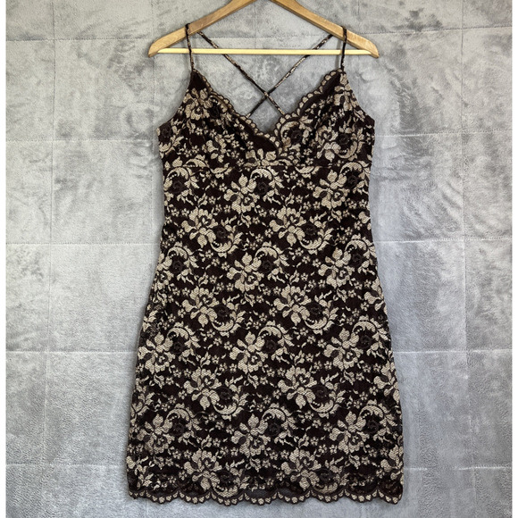 Hugo Buscati Mini Dress Medium Brown Lace Dark Fairy Babydoll Goth Y2K Vtg USA - Picture 1 of 11